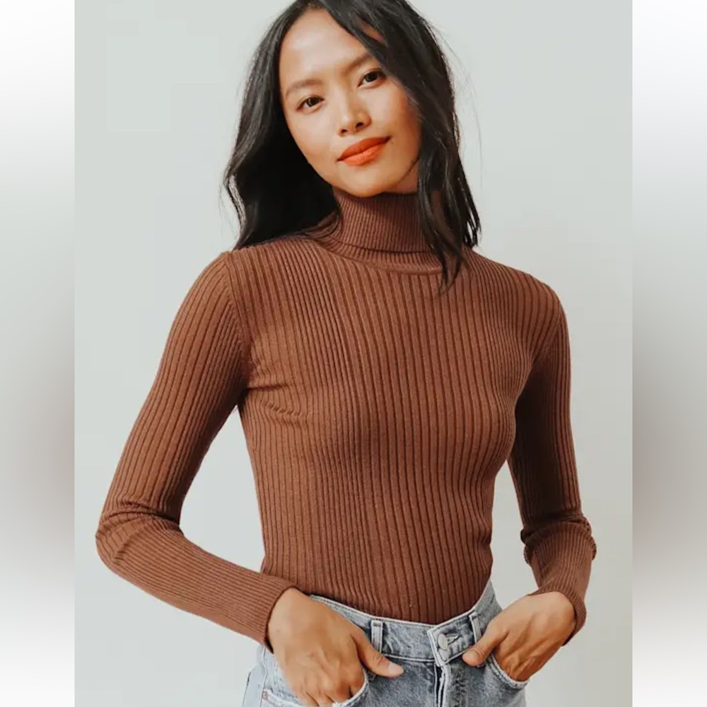 LULUS Keeley Brown Ribbed Turtleneck Top size XL NEW